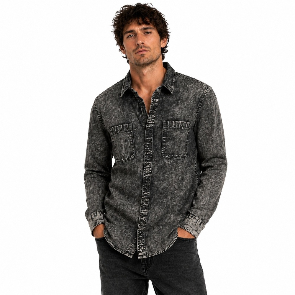 The Rail Mens Large Acid Wash Button Down Shirt Black Grey Long Sleeve Cotton